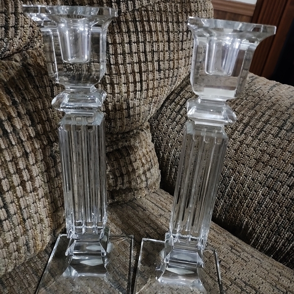 Vintage Shannon Crystal Pillar Candle Holder 10" Pair Heavy Art Deco MCM Marked - Picture 7 of 10